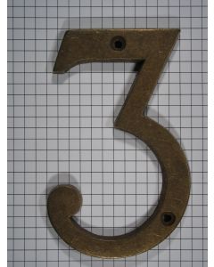 Cijfer 3, groot, messing antiek, 10 cm