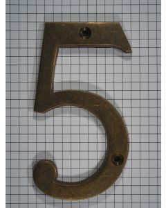 Cijfer 5, groot, messing antiek, 10 cm