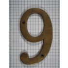 Cijfer 9, groot, messing antiek, 10 cm