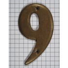 Cijfer 9, klein, messing antiek, 7 cm